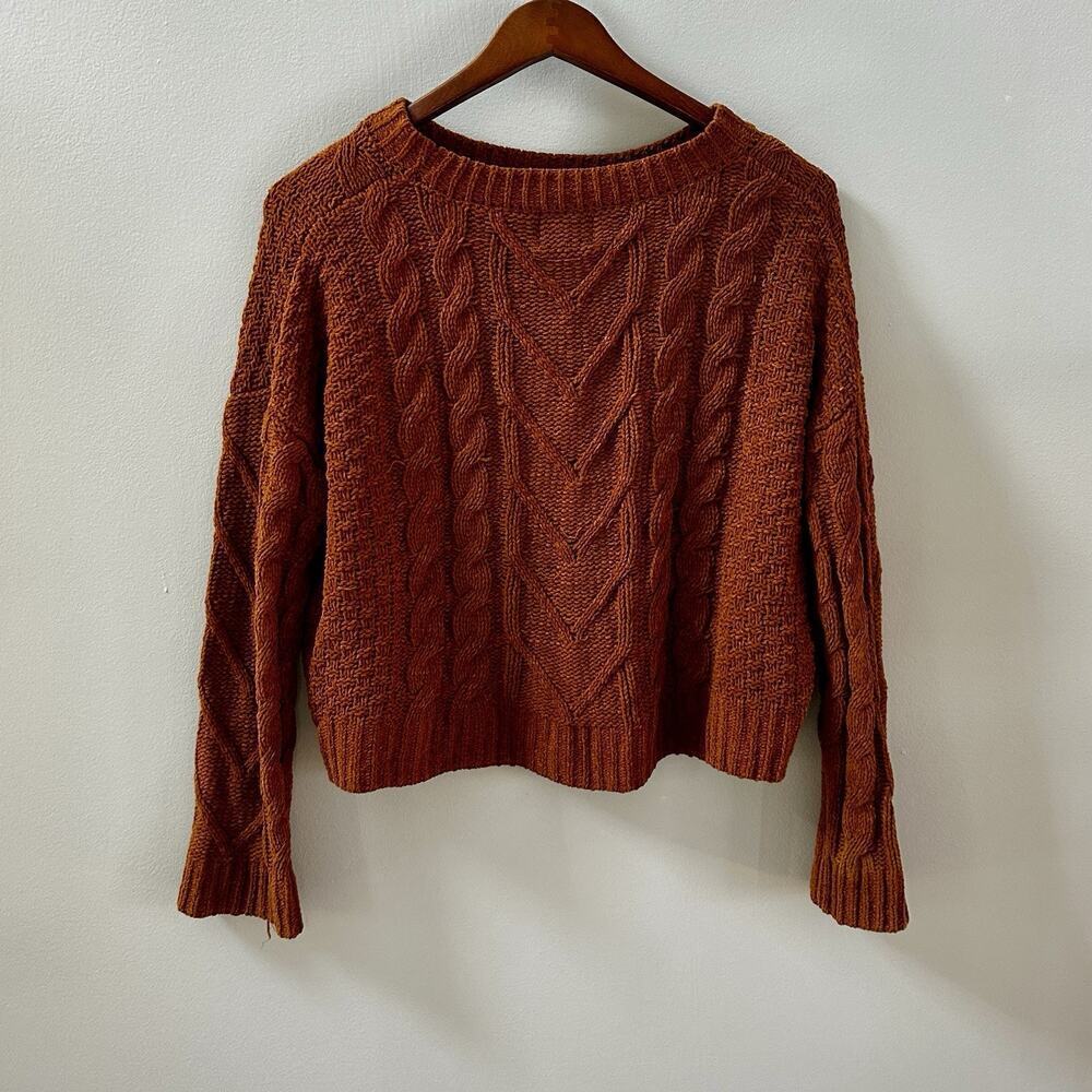 Pink Rose Brown Cable-Knit Pullover Sweater Crew Neck 100% Polyester Size L - Picture 4 of 9
